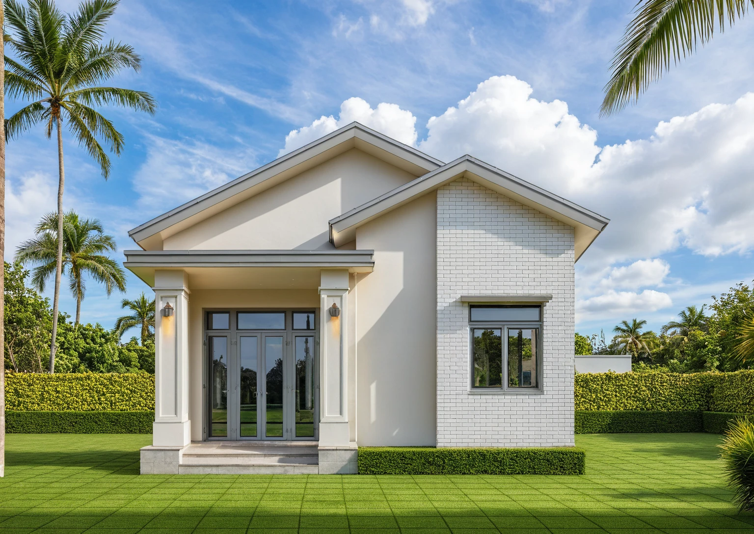 Photo brute,head of'artwork, High quality, best quality, authentique, great detail,
Outside, En plein air, house, Nhamainhat, aiaigroup sur le jardin tropical, Ligne minimaliste,honreyvilla, style moderne, gray tile roof brick yard,grass,tropical trees, sky, (jour:1.1),Arrière-plan du jardin tropical