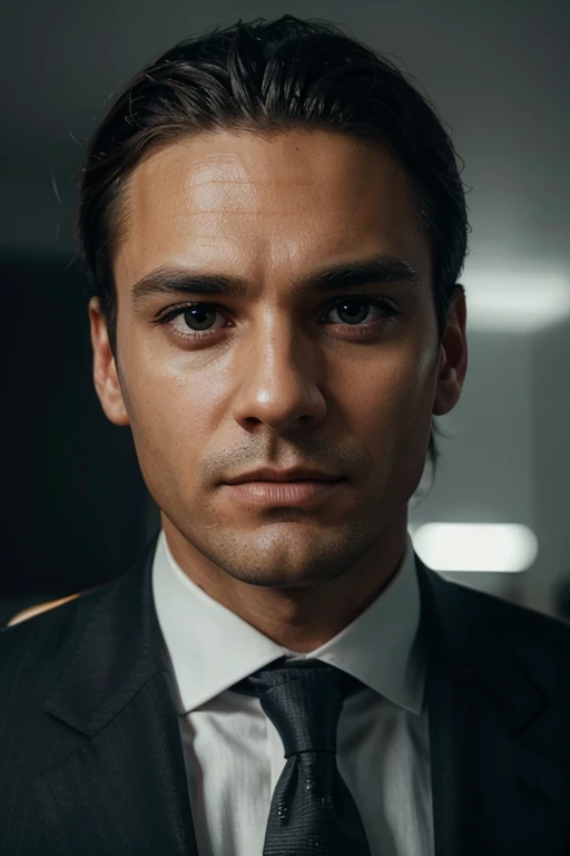 a man in a business suit in an office, looking directly at the camera, portrait, hyperrealistic, 8k, photorealistic, professional lighting, studio lighting, high contrast, sharp focus, detailed facial features, beautiful detailed eyes, beautiful detailed lips, extremely detailed face, high-quality, realistic, cinematic, dramatic lighting, warm color tones