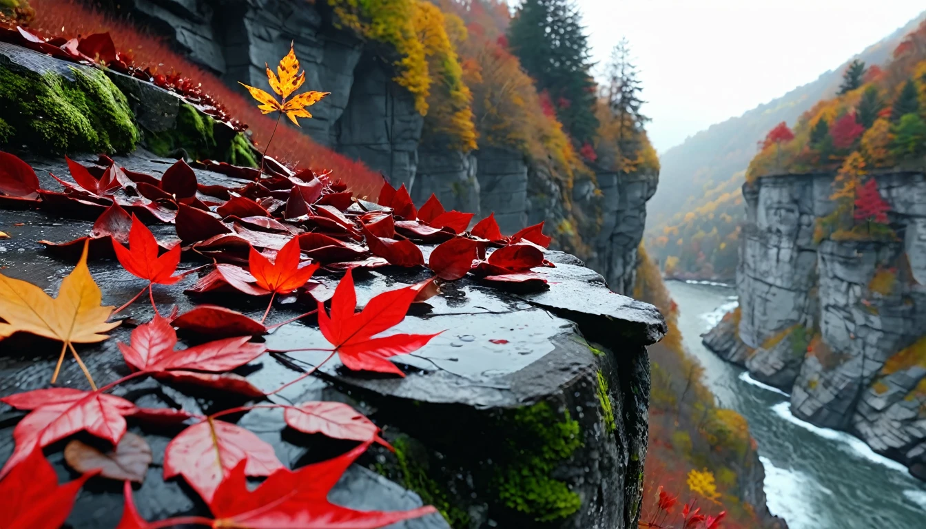 (deep red gradation leaves),(winter leaves), (half withered),(on the cliff),magical round leaves leaves falling, snow is falling thinly,nature documentry footage, youtube video screenshot, today's featured photography 4k, autumn rain turkel, nature photography 4k, november, cinematic widescreen shot, leaves and magic, high quality screenshot, 2 0 2 1 cinematic 4 k framegrab, wide screenshot