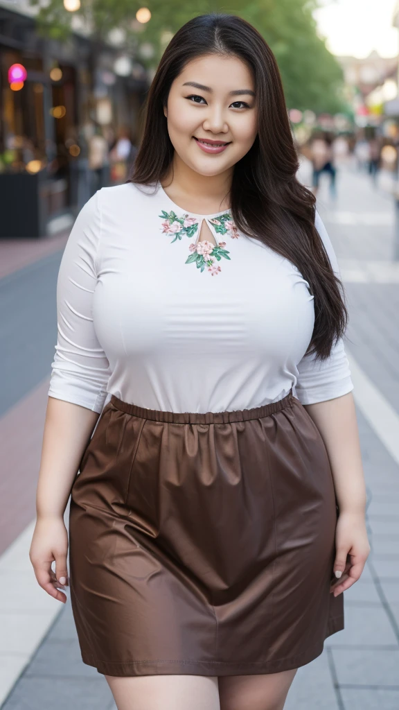 Height 1.85 meters,Smiling fat woman ,Oval face, 大Long legs, Wearing a green floral loose suspender dress and pleated skirt, Thin waist and thick hips, Hip width, Soft curves, hyperPractical full figure, Wearing a cute top, Long legs,,thickness, Beautiful plump woman, A woman with beautiful curves*****Target,Clear curve details, Curvy hourglass figure, Charming plus size models, bbw酱, full image, Surface Model, Curvy body, (full-body shot)blush, 1girll fat , Golden Ratio,(White and tender skin:),High quality background, HD, Practical, HDR. pedestrian mall,Skin as white as paper,High heel,Sit on a slate,Flowers