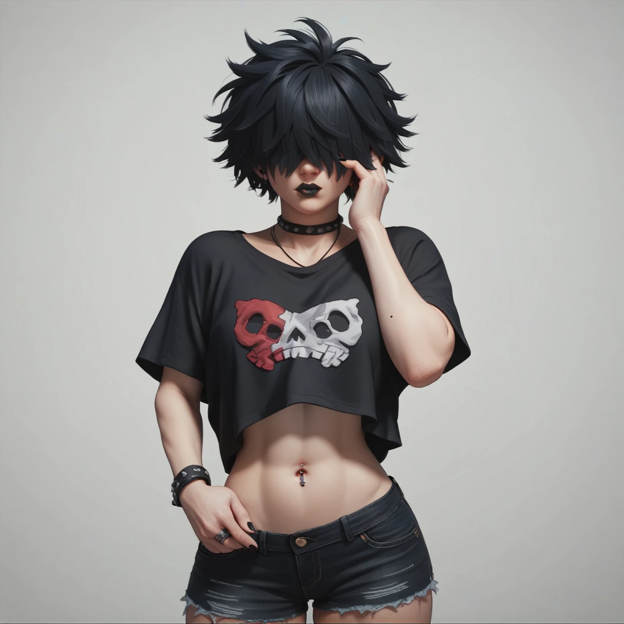 Tall emo woman with model body and hair covering her eyes and she will have two tall masters the perspective she will be taller and the camera lower suggesting that she is big