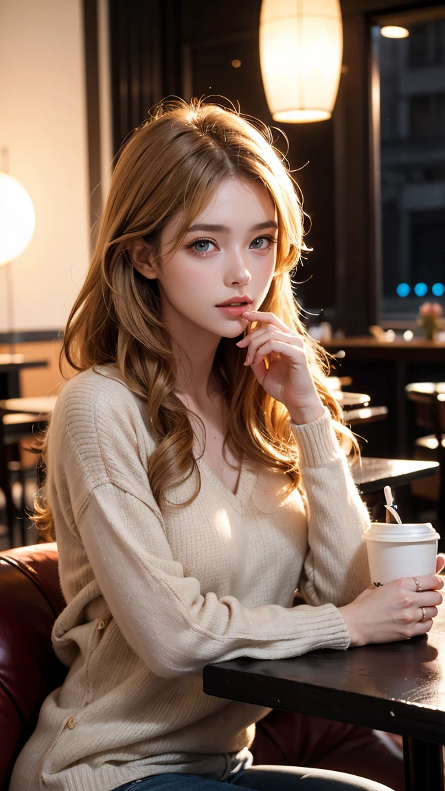belle blonde portant un pull rose (sipping coffee in a modern cafe at sunset), very detailed, 21 ans, visage innocent, natural wavy hair, blue eye, high resolution, head of'artwork, best quality, intricate details, very detailed, sharpness, detailed skin, realistic skin texture, texture, detailed eyes, professionnel, 4K, charming smile, shot with Canon, 85mm, shallow depth of field, kodak vision color, corps parfaitement ajusté, extremely detailed, Photo_\(ultra\), photorealistic, realistic, Post-traitement, maximum detail, roughness, real life, ultra realistic, photorealism, la photographie, 8k uh, la photographie