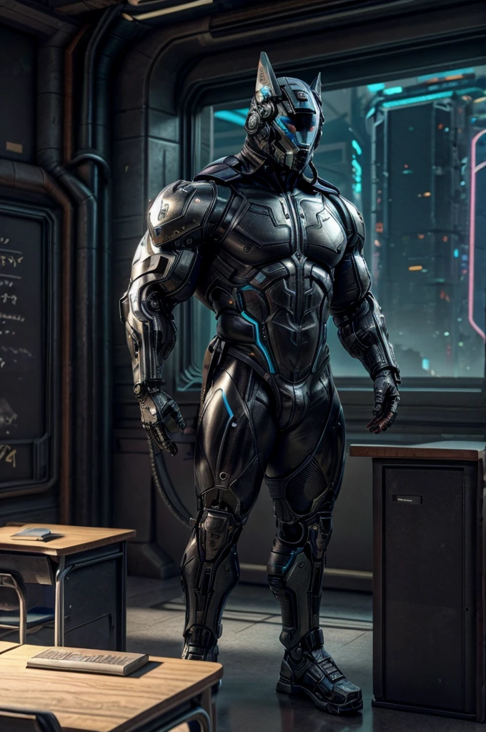 male, full body, (muscular, full nude, only Glowing cyberpunk future helmet, black suit,) realistic, in classroom, teacher, teaching,
