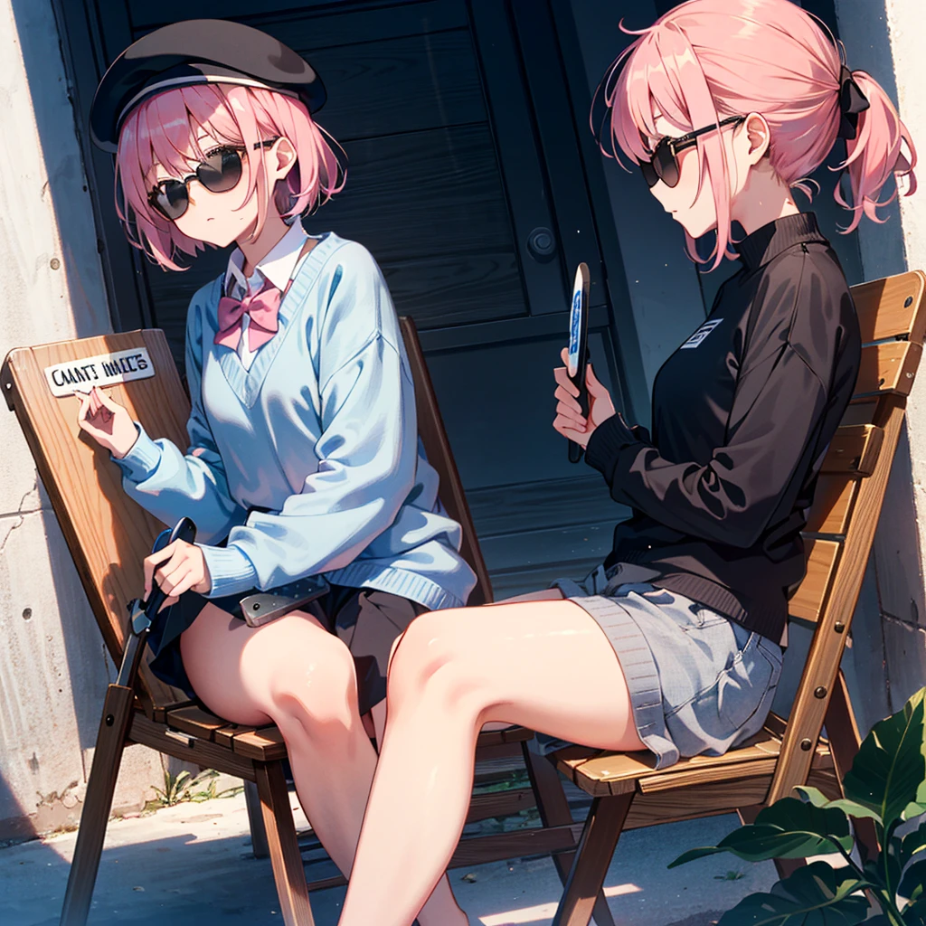 dynamic angle,, short hair, pink hair, short ponytail, blue bow, black sunglasses, beret, wearing a sweater, (girl holding a clapper board), (clapper board: 1.2), sitting in a folding chair, legs