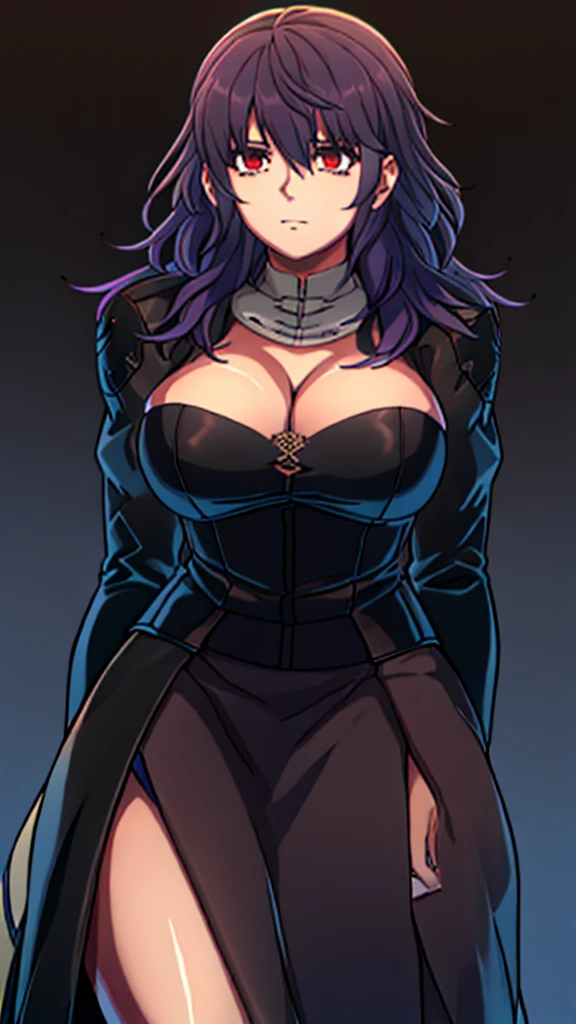 Anime, 1 girl, solo, byleth, byleth's hairstyle, long purple hair, red eyes, busty, firm chunky body, dress, deep cleavage, juliet sleeves, large skirt, derious expression, expressive eyes,