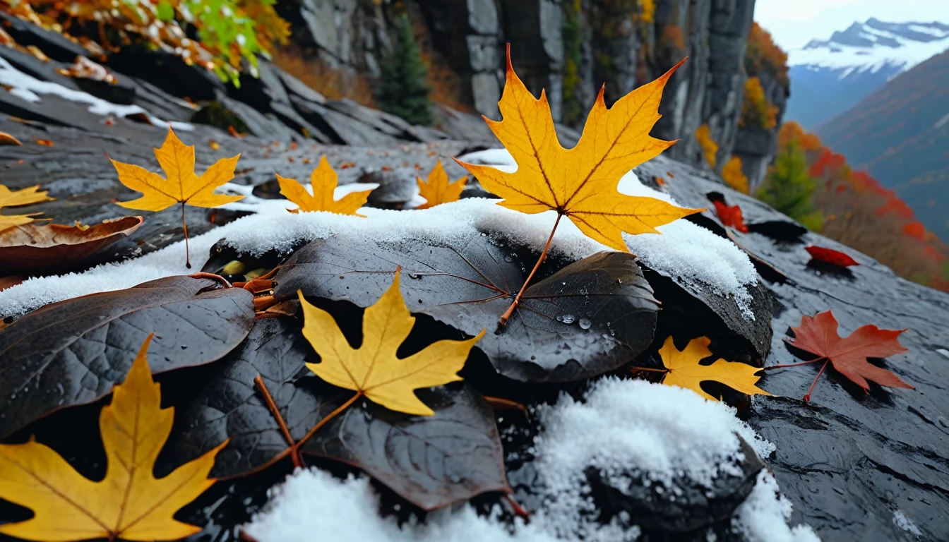 (gray leaves),(winter leaves), (half withered),(on the cliff),magical round leaves leaves falling, snow is falling thinly,nature documentry footage, youtube video screenshot, today's featured photography 4k, autumn rain turkel, nature photography 4k, november, cinematic widescreen shot, leaves and magic, high quality screenshot, 2 0 2 1 cinematic 4 k framegrab, wide screenshot