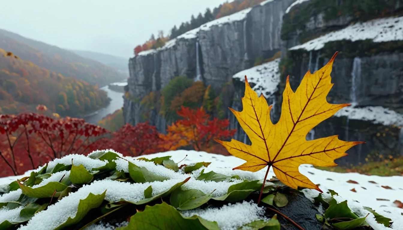 (gray leaves),(winter leaves), (half withered),(on the cliff),magical round leaves leaves falling, snow is falling thinly,nature documentry footage, youtube video screenshot, today's featured photography 4k, autumn rain turkel, nature photography 4k, november, cinematic widescreen shot, leaves and magic, high quality screenshot, 2 0 2 1 cinematic 4 k framegrab, wide screenshot