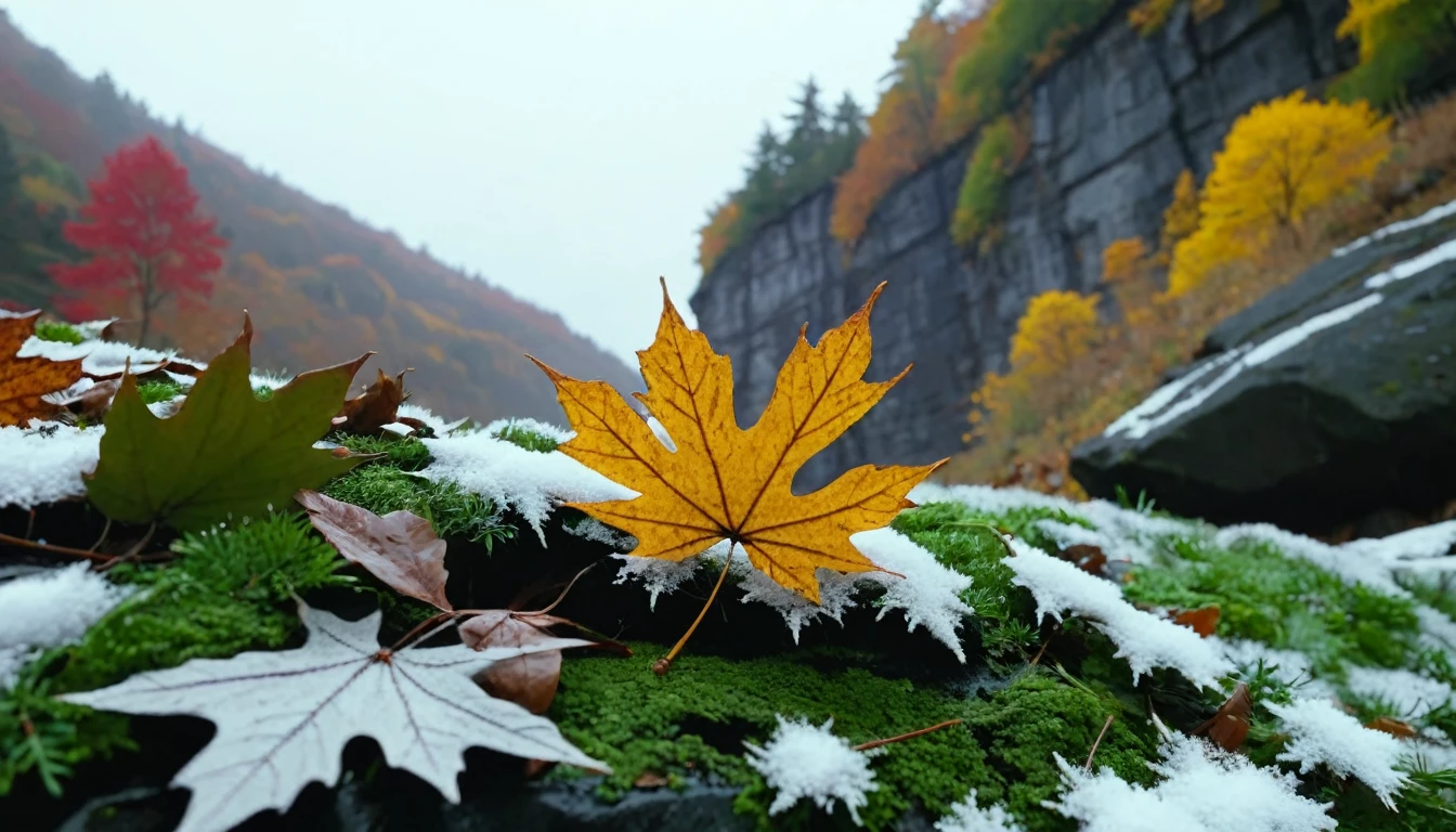 (gray leaves),(winter leaves), (half withered),(on the cliff),magical round leaves leaves falling, snow is falling thinly,nature documentry footage, youtube video screenshot, today's featured photography 4k, autumn rain turkel, nature photography 4k, november, cinematic widescreen shot, leaves and magic, high quality screenshot, 2 0 2 1 cinematic 4 k framegrab, wide screenshot
