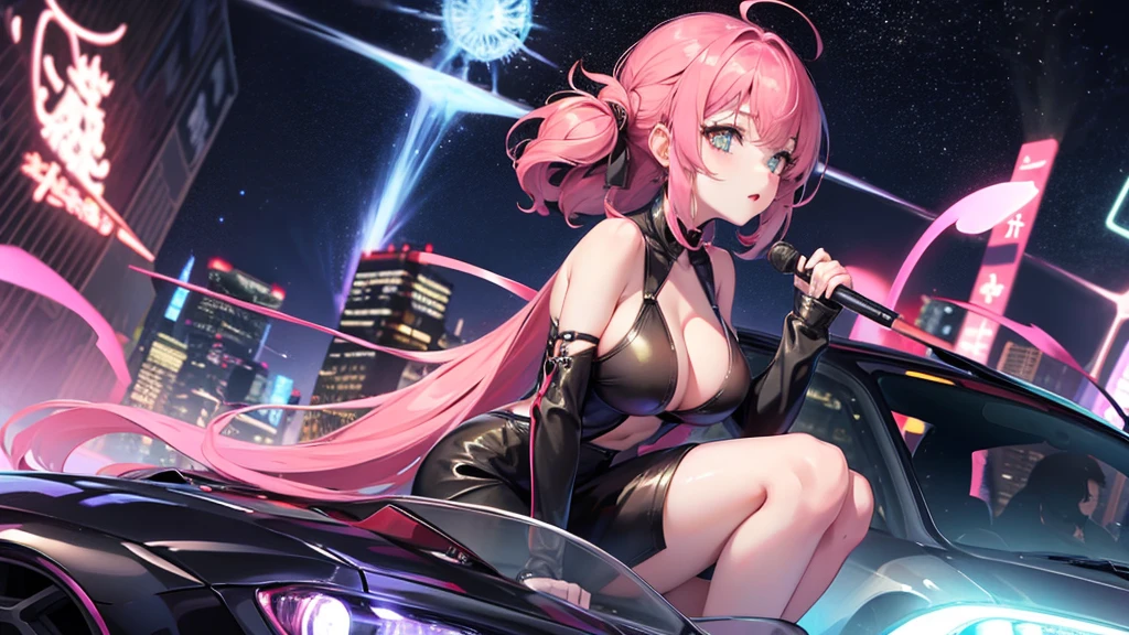 make anime girl in night, girl have big tits, she is siting on the car