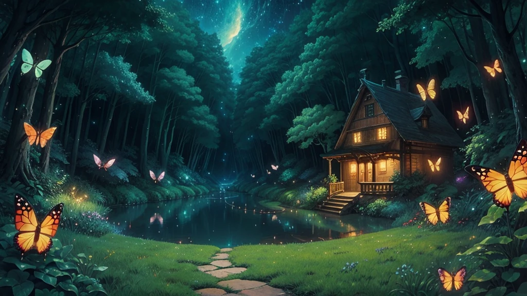 Studio ghibli, enchanted landscapes with lights , butterflies, fireflies, etc