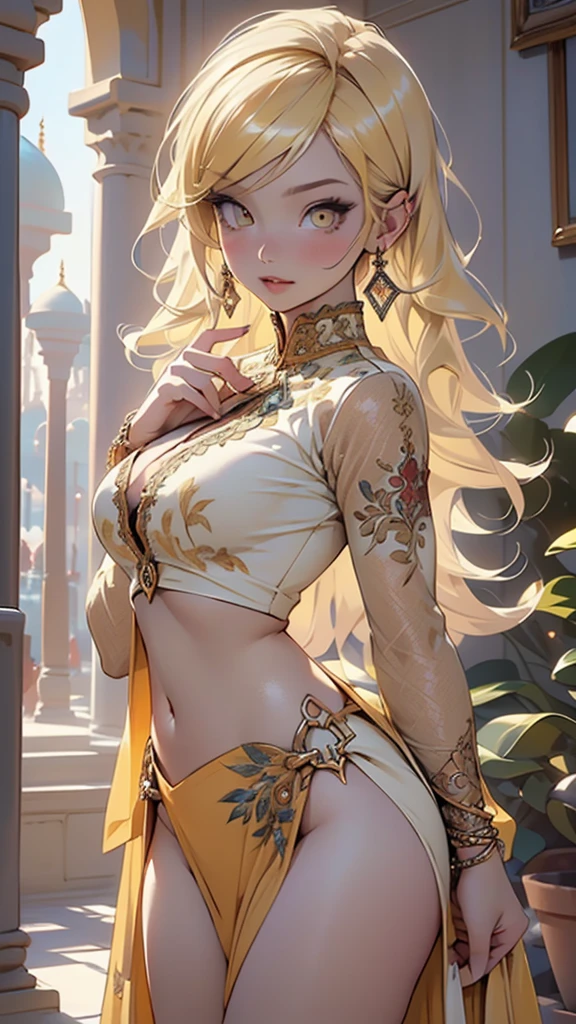 ((((indian girl)))),
girl,((yellow_body:1.3,yellow_face:1.3, completely yellow_skin:1.3)),(large breasts:1.4),saggy breasts,((((yellow hair)))),(((yellow_eyes:1.3))),intricate eyes,beautiful detailed eyes,symmetrical eyes,(((lustrous skin:1.5,bright skin: 1.5,shiny skin,very shiny skin,shiny body))),(spider lower abdomen,narrow waist,wide hip,bimbo body,inflated legs,thick thighs,delicate detailed fingers),((hand consists of a short thumb and four fingers,hand with just five fingers,(detailed face))),
(cute,slutty,sensual,seductive look,seductive,((erotic)),opulent,sumptuous,longingly,(nsfw)),
(arabian clothes, harem outfit, arabian dancing girl, belly dancer outfit, sex slave, jewelry, sheer loincloth, pelvic curtain, midriff, bracelets,),(arabian jewelry,intricate necklace),(((intricate outfit,intricate clothes))),(((intricate outfit,intricate clothes,embroidered outfit,ornate outfit))),
(dynamic pose:1.0),embarrassed,(centered,scale to fit dimensions,Rule of thirds),
inside,indoor,((palace in Arabia, palace in Arabia background)),scenery:1.25,((intricate scenery)),
(Glossy winter ornaments),highres,sharp focus,(ultra detailed,extremely detailed),(photorealistic artwork:1.37),(extremely detailed CG unity 8k wallpaper),(((vibrant colors,vibrant theme))),(intricate),(masterpiece),(best quality),artistic photography,(photography taken by sldr),(intricate background),perfect rendered face,perfect face details,realistic face,photo realistic,((intricate detail)),(((realism))),