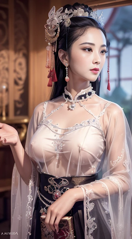 masterpiece, best quality, 1 girl, ((Large Breasts)， Long hair，(Siamese transparent black silk)，(On clothes，There are pearls，Three circles, )，Looking at the audience, (precise、Perfect face shape:1.3)，（Beautiful fingers），(Crotch front display)，Ultra HD，Ray Tracing,，reflected light， Correct structure，The award-winning，High Detail，Reduce shadow contrast，Facial lighting ，Cinema Lighting，masterpiece，Super Detail，high quality，High Detail， best quality，16K，High contrast，A young woman plays, Chinese Empress, yun ling, song nan li, , gujian,  zhao yun, Chinese Princess