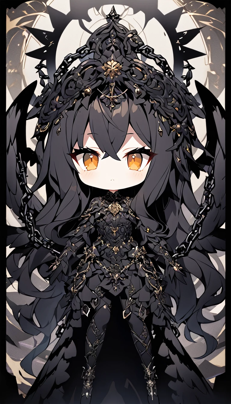 A super-deformed (chibi) style female character designed to appeal to someone with chuunibyou. She embodies the theme of an 'Evil Angel,' featuring dark and celestial elements. The character should have long, flowing hair, possibly in a dark color like black or dark blue, with black wings. She wears a dramatic, intricate outfit with elements like chains, dark feathers, and possibly a dark halo. Her eyes should be large and expressive, with a hint of otherworldly power and malevolence. The background is minimal to keep the focus on the character. The image should be in a 9:16 aspect ratio.