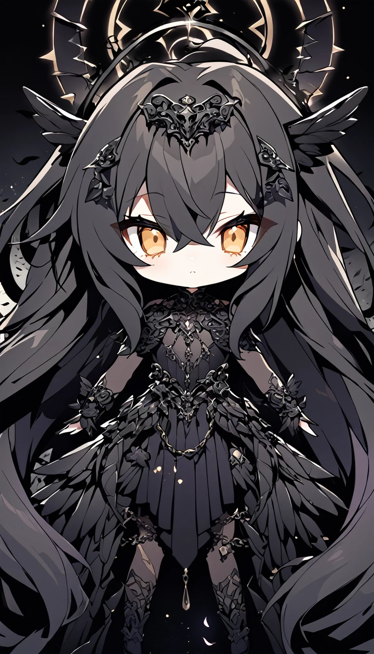 A super-deformed (chibi) style female character designed to appeal to someone with chuunibyou. She embodies the theme of an 'Evil Angel,' featuring dark and celestial elements. The character should have long, flowing hair, possibly in a dark color like black or dark blue, with black wings. She wears a dramatic, intricate outfit with elements like chains, dark feathers, and possibly a dark halo. Her eyes should be large and expressive, with a hint of otherworldly power and malevolence. The background is minimal to keep the focus on the character. The image should be in a 9:16 aspect ratio.