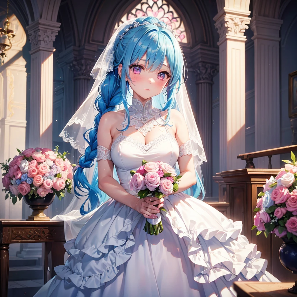 Sky blue hair, (Braided Ponytail),(Pink Eyes),Fair skin ,(whole body),(1 girl),bride,blush,Straight bangs, 6月のbride,Wedding dress,(masterpiece, Highest quality, Very detailed, Best Shadow), (Detailed Background), (Beautifully detailed face), High Contrast, (Best lighting, Very delicate and beautiful), ((Cinematic Light)), colorful, Hyper Detail, Dramatic Light, Intricate details,Wedding hall,