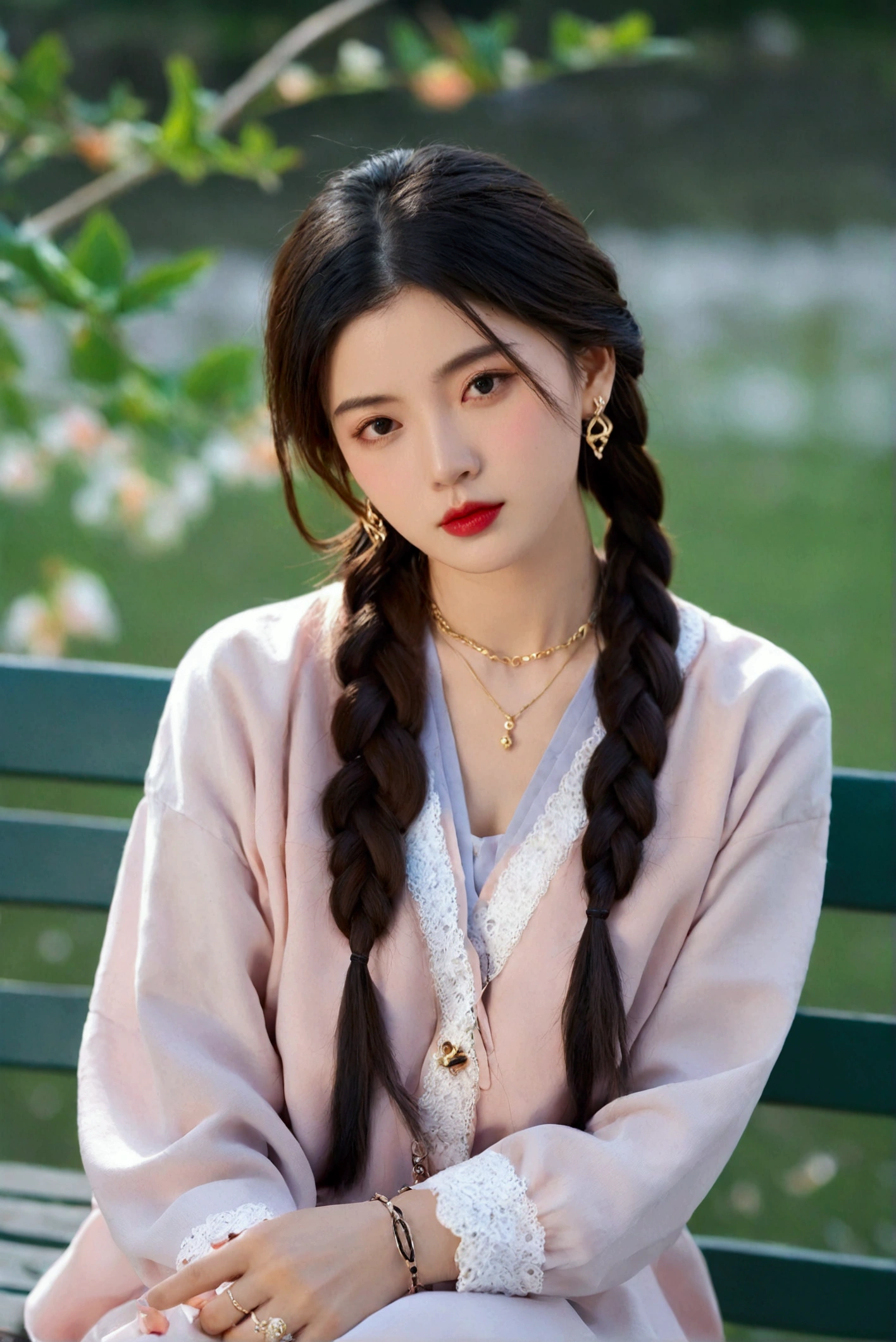 1girl, solo, long hair, looking at viewer, black hair, long sleeves, jewelry, sitting, upper body, braid, earrings, outdoors, necklace, blurry, bracelet, lips, single braid, blurry background, ring, hair over shoulder, realistic, bench