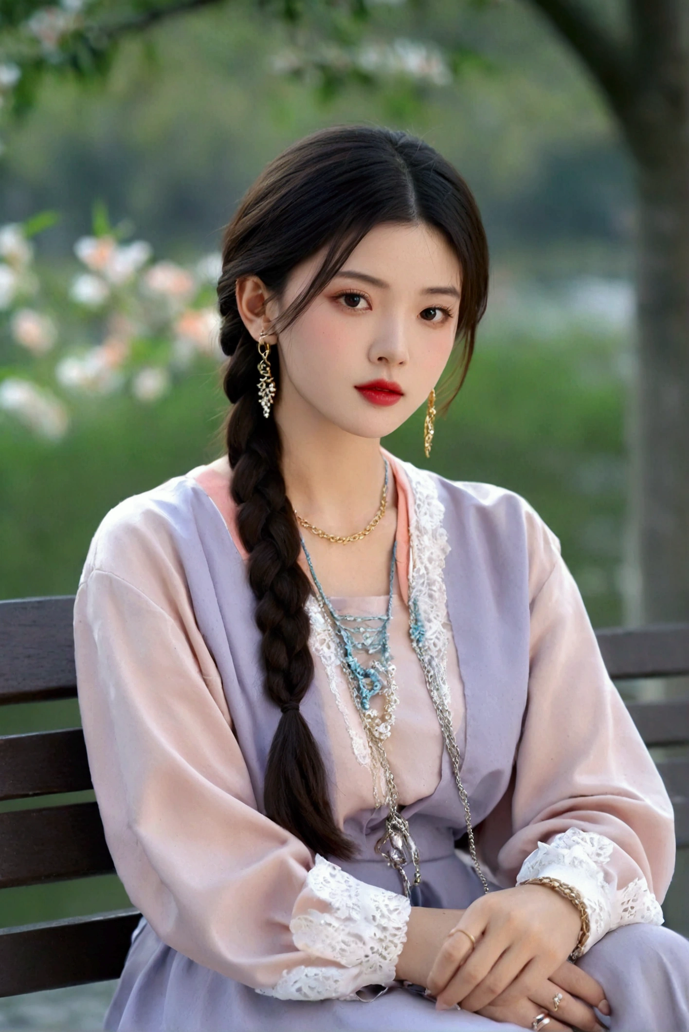 1girl, solo, long hair, looking at viewer, black hair, long sleeves, jewelry, sitting, upper body, braid, earrings, outdoors, necklace, blurry, bracelet, lips, single braid, blurry background, ring, hair over shoulder, realistic, bench