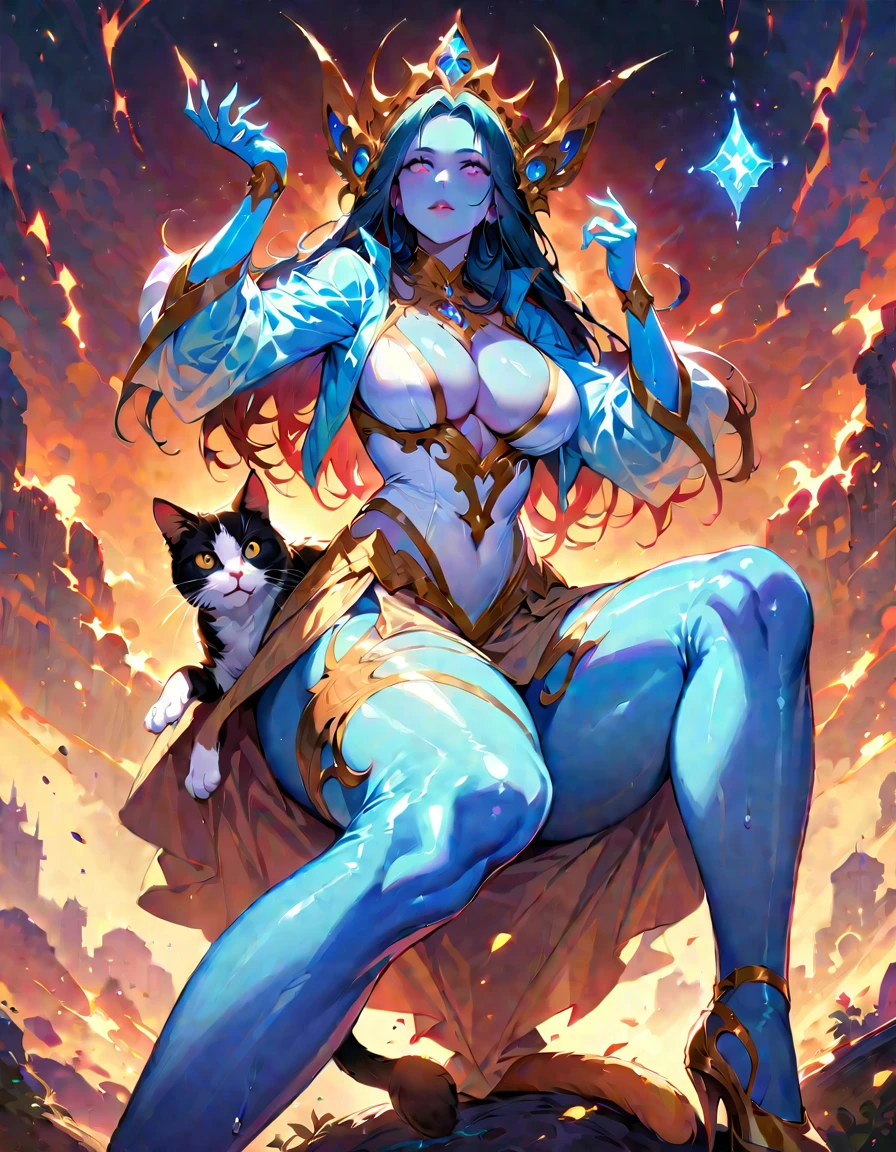 Very big and cute cat,A young beautiful woman is riding a cat,(Highest quality,Extremely detailed depiction,Incredibly absurd high resolution,Anatomically accurate depiction,Nice hands, Perfect Fingers,Curvy Legs),(Glowing Skin,Shiny skin),A fantastic goddess in a gorgeous costume,There is cleavage in the chest,Glossy Lips,Sweat,background:Mysterious sight,Fantasy