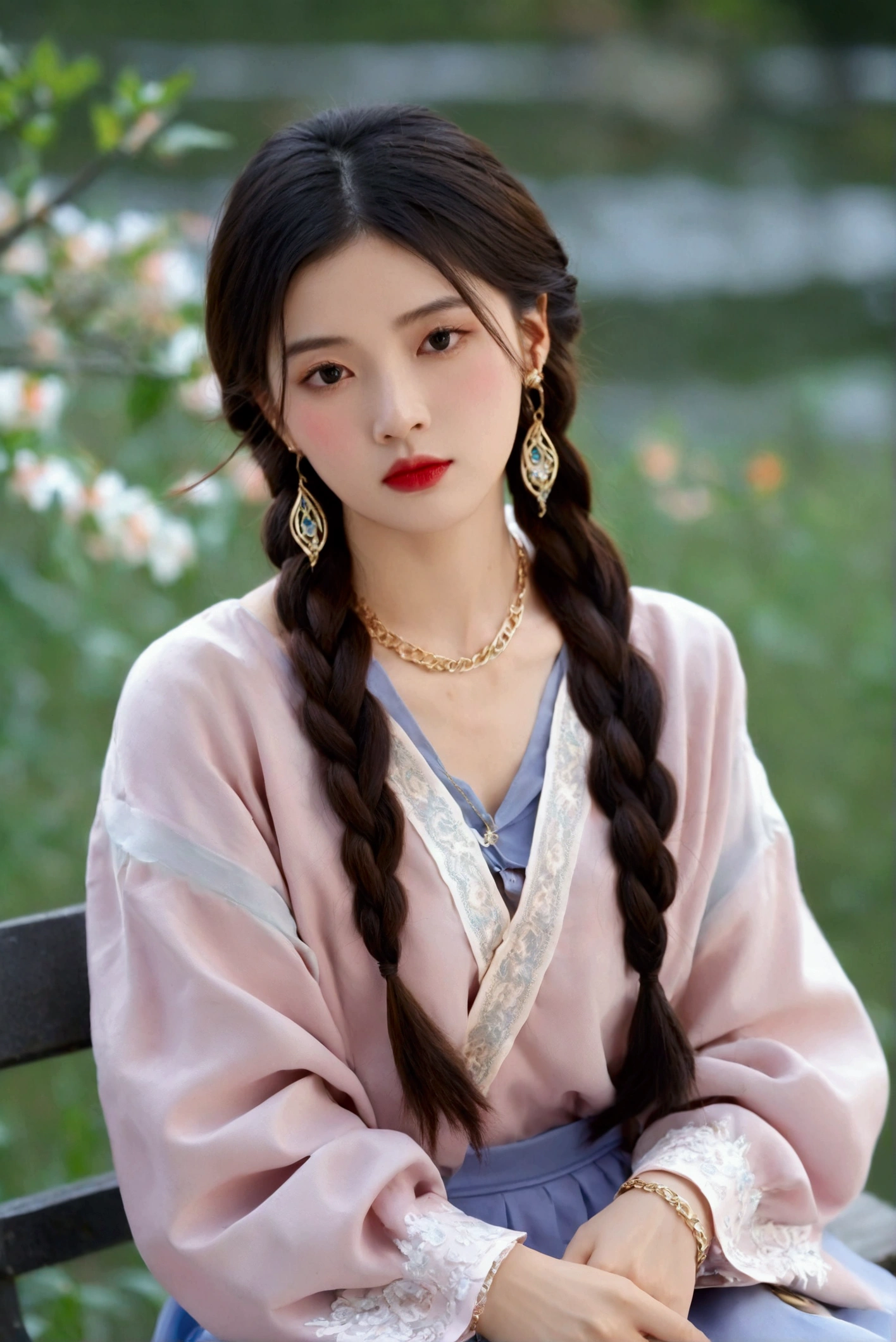 1girl, solo, long hair, looking at viewer, black hair, long sleeves, jewelry, sitting, upper body, braid, earrings, outdoors, necklace, blurry, bracelet, lips, single braid, blurry background, ring, hair over shoulder, realistic, bench