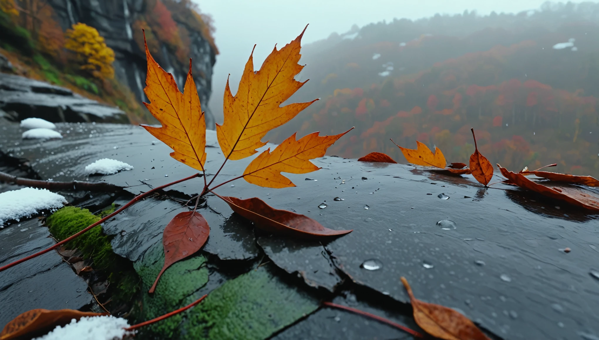 (gray gradation leaves),(winter leaves), (half withered),(on the cliff),magical round leaves leaves falling, snow is falling thinly,nature documentry footage, youtube video screenshot, today's featured photography 4k, autumn rain turkel, nature photography 4k, november, cinematic widescreen shot, leaves and magic, high quality screenshot, 2 0 2 1 cinematic 4 k framegrab, wide screenshot