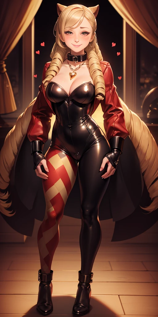 1single Milf full body standing straight symmetrical, looking at the viewer, hands on the hips, Twin drills, striped pantyhose, golden handcuffs on hands with a black leather collar around the golden heart necklace, hands on the hips, lustful smiling satisfied face red blushing 