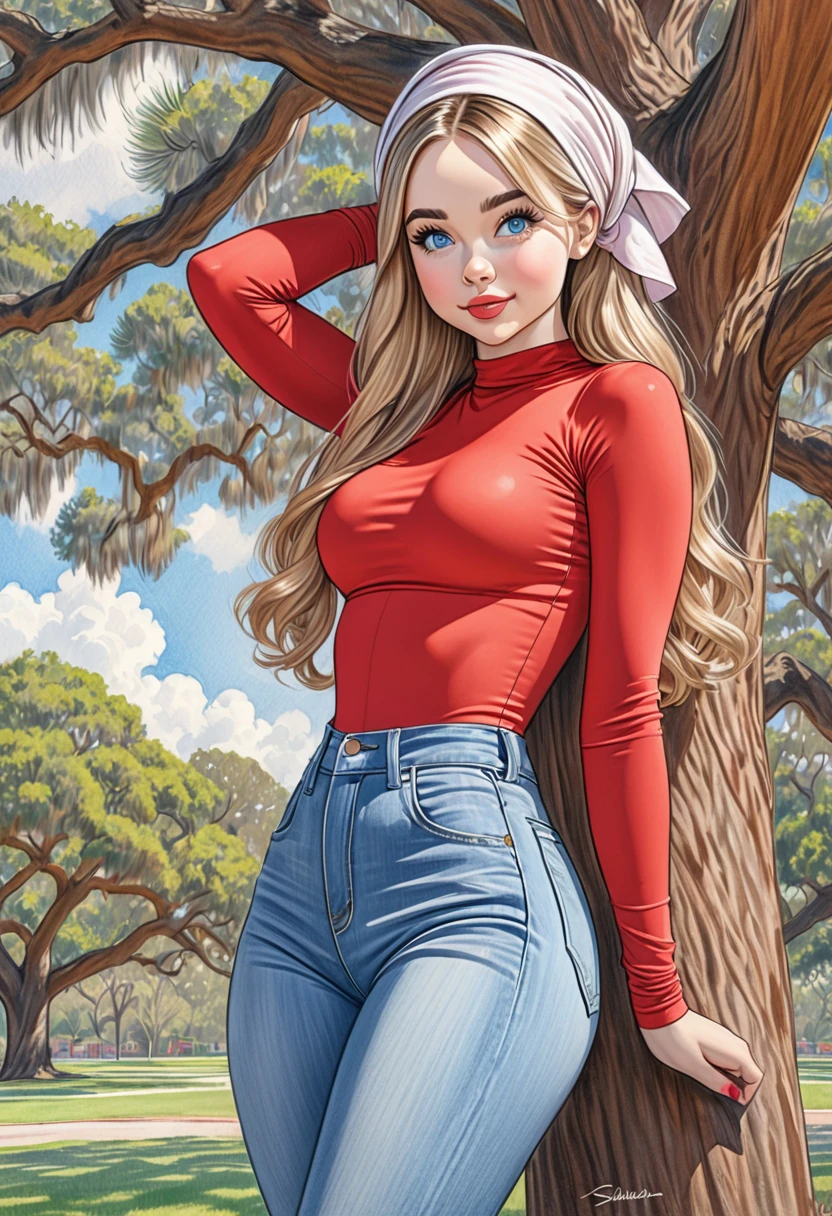 A colored pencil sketch of A beautiful woman, Red leotard, attractive head scarf very large round heaving beutifully shaped breasts, skin tight highrise jeans. curvy, thin-waist, wide-hips, swaying-hips, fit, healthy chiseled, vuluptious figure. mash up of Sabrina Carpenter, She is sitting seductively under a live oak tree.
