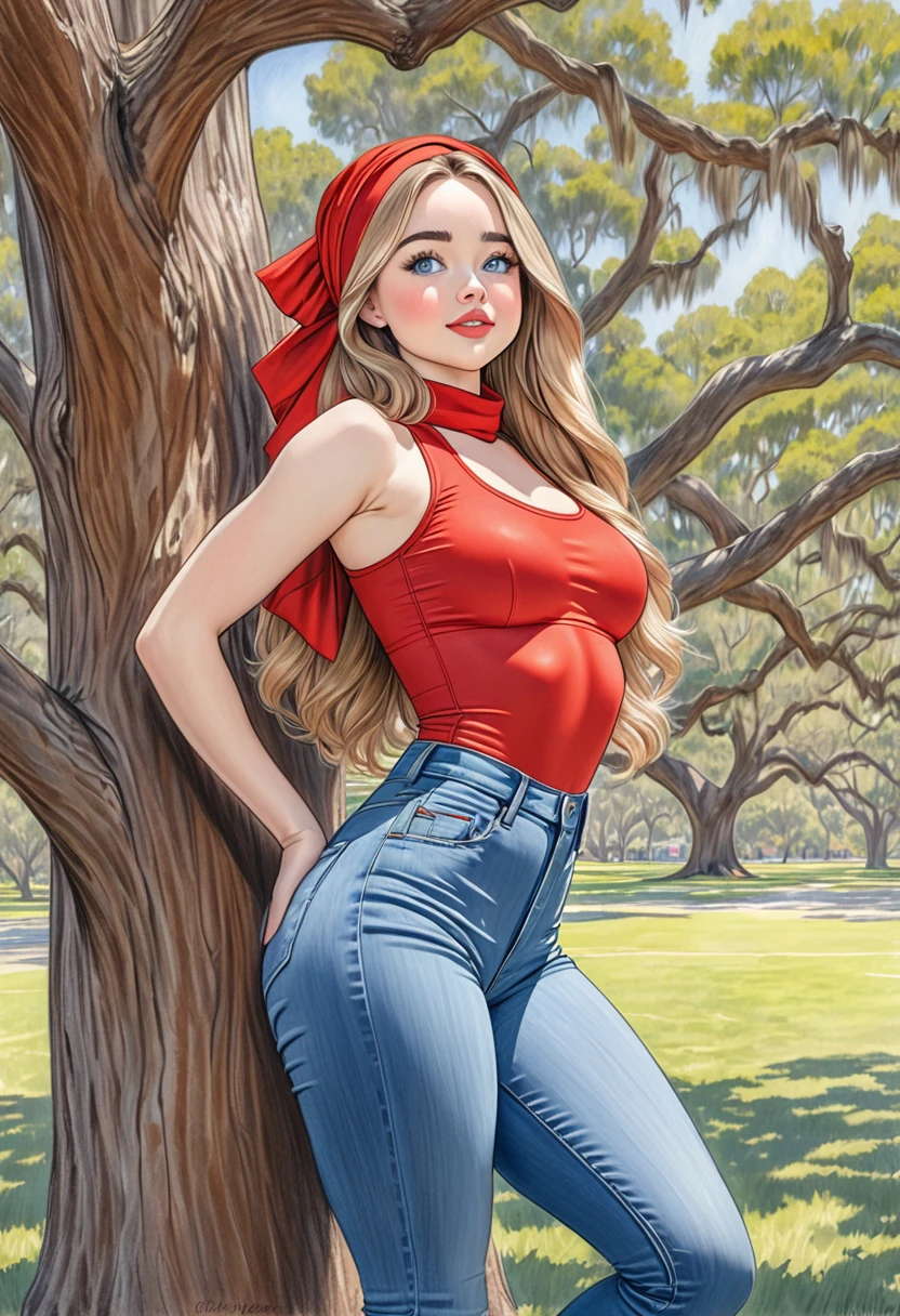 A colored pencil sketch of A beautiful woman, Red leotard, attractive head scarf very large round heaving beutifully shaped breasts, skin tight highrise jeans. curvy, thin-waist, wide-hips, swaying-hips, fit, healthy chiseled, vuluptious figure. mash up of Sabrina Carpenter, She is sitting seductively under a live oak tree.