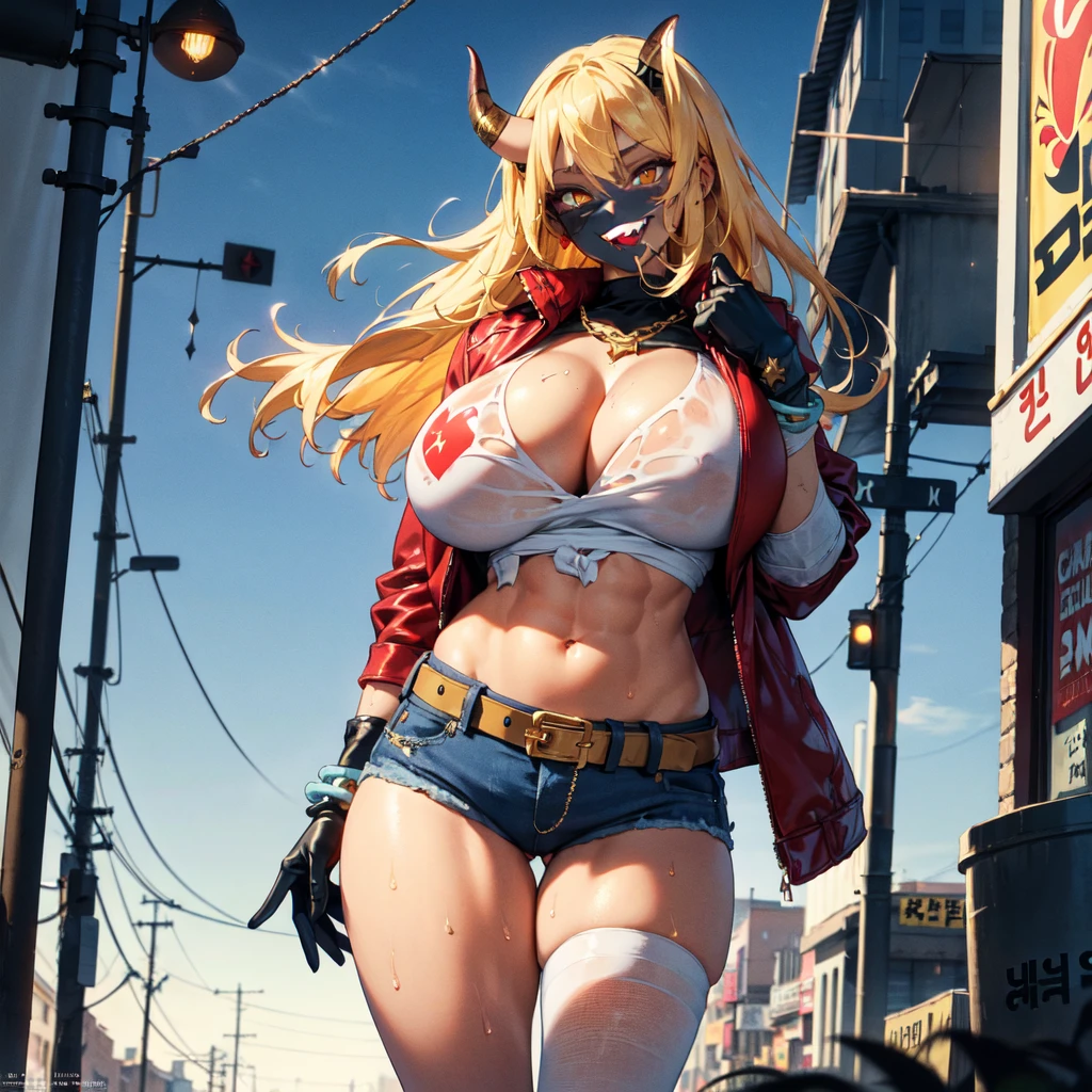 ((best quality)), ((masterpiece)), (detailed), 1girl, one girl, 8k_wallpaper, extremely detailed eyes, extremely detailed body, beautiful face, perfect face, detailed ((blonde hair)), (gold eyes), (( big blue horns)), {{dark skin}}, ({dark skinned female}), gigantic breasts, thick thighs, strong arm and leg muscles, strong abdominal muscles, Korean girl, a predatory mischievous smile with fangs, a vulgar smile, a playful look, style - a hot rock girl, a dark red open jacket with rolled up sleeves, a belt of yellow silk and gold chains, gold bracelets and leather short gloves, short denim mini shorts through which the outlines of a wet woman appear pussy, a rock guitar hanging behind his back, walking down the street of the evening city,