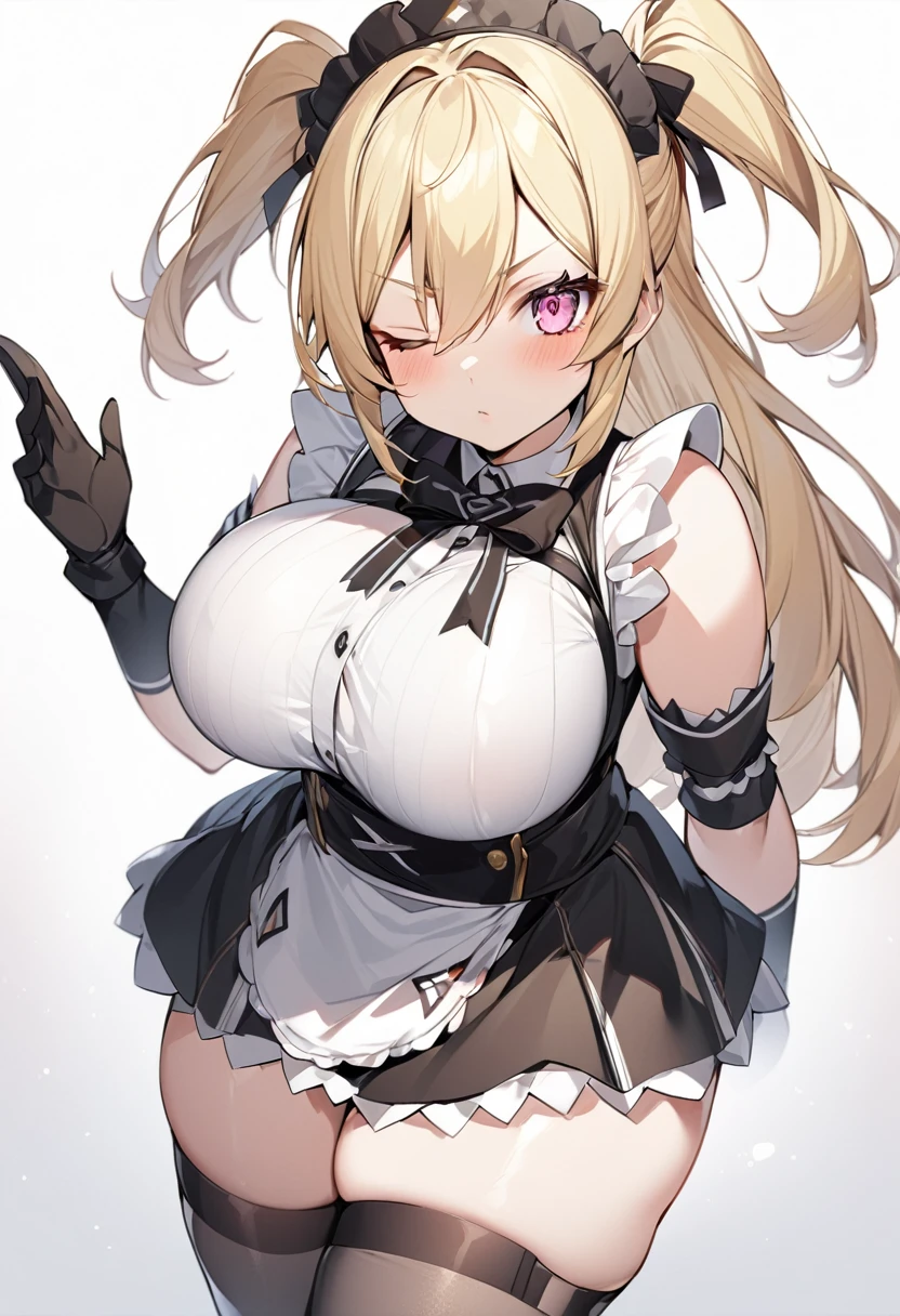 (One girl)、medium length hair、(sidelock)、((Blonde))、(slan eyes)、（boyish）、cute、(Big super breasts)、((Chubby))、Maid、No sleeve、mini skirt、White sleeveless、thigh-high socks thighhighs、(long gloves)、hairs between eyes、(coarse hair)、[flipped hair]、pink eye、expressionless、one eye closed、arm behind back、two side up、White Background、