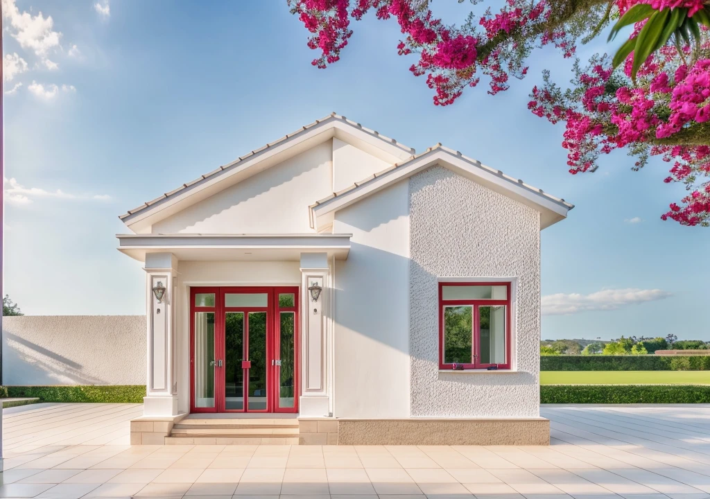 PLATEFORME KTHOUSE, Beaucoup de belles fleurs rouges le long de la route, Romantique, 1 maison de style néoclassique, La maison de ville est faite de murs blancs, Belle lumière, journée de beauté, ensoleillé, Beaucoup de bougainvilliers rouges le long de la route:1.3, belle sensation de jeunesse :1.2, soleil à midi, Très belles ombres, on tropical garden:1.4