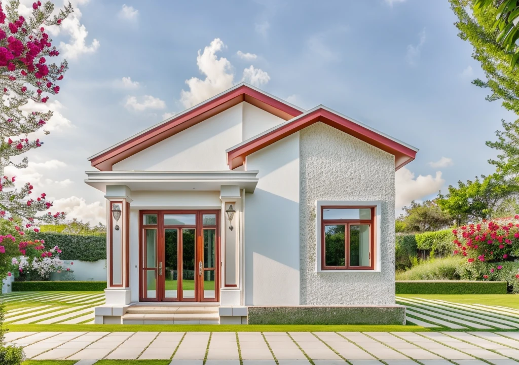 PLATEFORME KTHOUSE, Beaucoup de belles fleurs rouges le long de la route, Romantique, 1 maison de style néoclassique, La maison de ville est faite de murs blancs, Belle lumière, journée de beauté, ensoleillé, Beaucoup de bougainvilliers rouges le long de la route:1.3, belle sensation de jeunesse :1.2, soleil à midi, Très belles ombres, on tropical garden:1.4