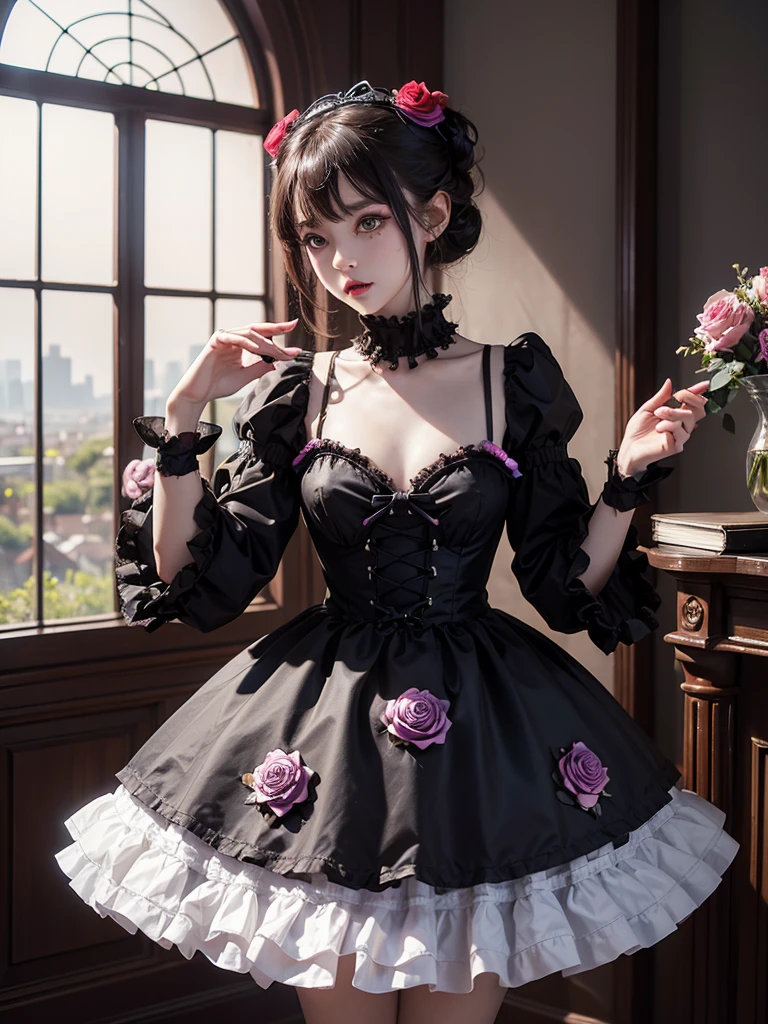masterpiece, best quality,1girl,GothGal,frilly dress 8k,highres, (rose flower_styler:1.2)(rainbow-candy:1.2),Chocolate cake,Coffee Time,Coffee Beans,coffee
