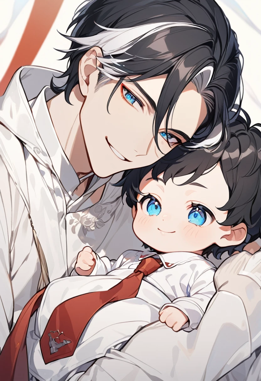 alone, elegant, 1 male, short hair, black hair and white hair, half and half, blue eyes, detailed, White shirt, Red tie, hood, feathers, Little baby, adorable baby, baby clothes, baby with black hair, father and son, smile, ojos detaileds