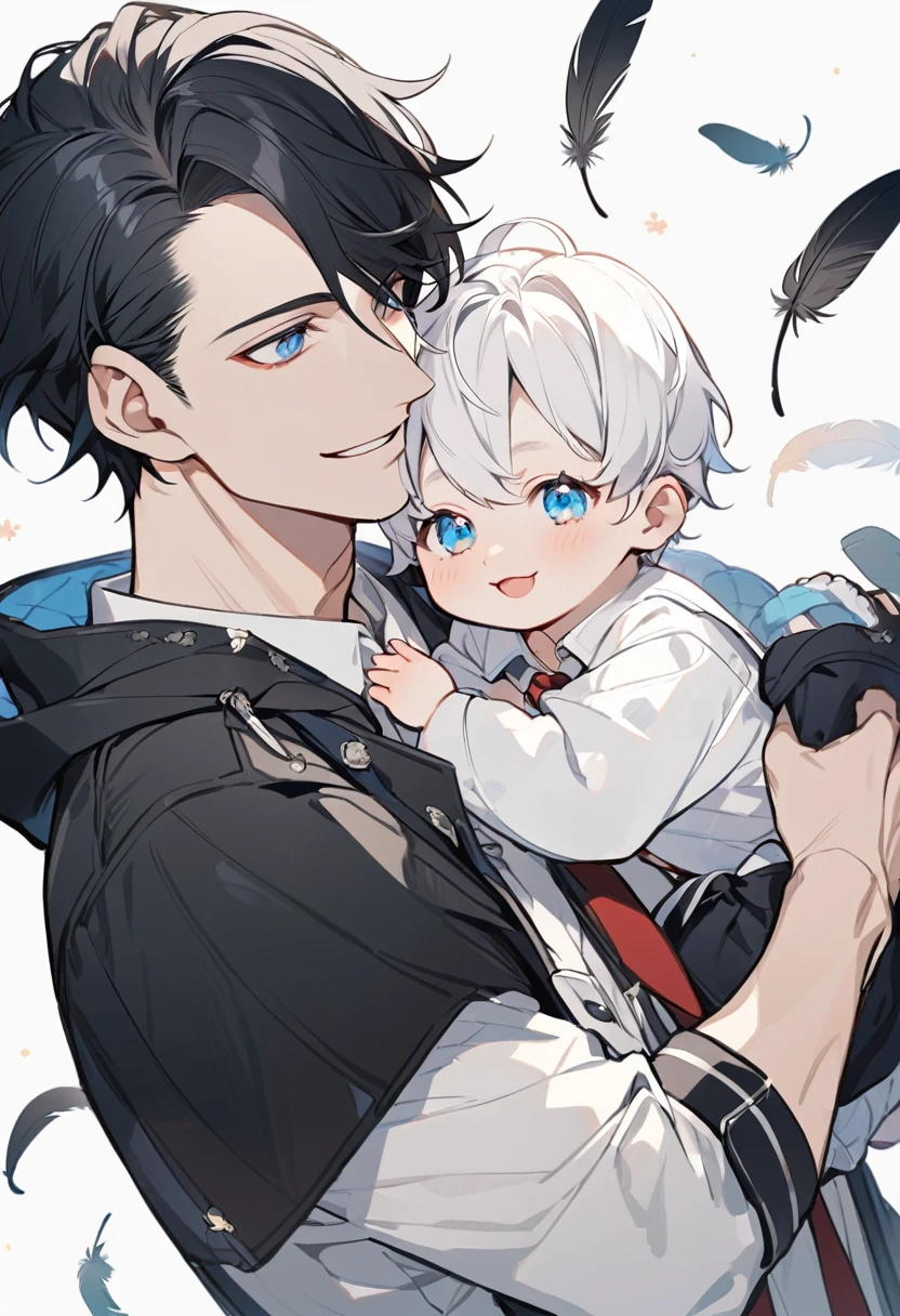 alone, elegant, 1 male, short hair, black hair and white hair, half and half, blue eyes, detailed, White shirt, Red tie, hood, feathers, , adorable bahes, baby with k hair, father son, smile, ojos detaileds