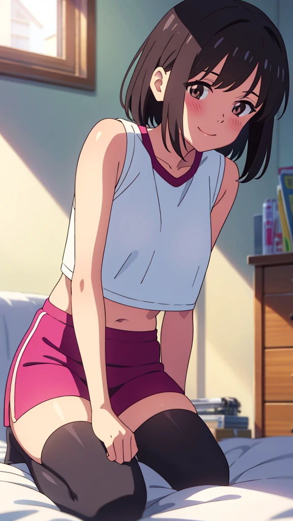 shinkai makoto, kimi no na wa., 1girl, bangs, black hair, blush, brown eyes, looking at the viewer, gym uniform, crop top, bare shoulders, pink sleeveless dress, short hair, solo, indoors, bedroom, shinny skin, smile, delightful, cute, thighhighs, (masterpiece), best quality, (small tits), Sleeping in large bed