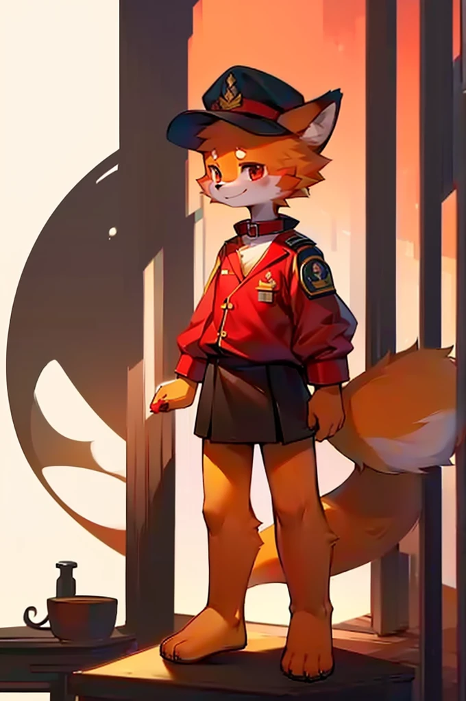 Red Panda Boy,8k resolution,Furry,          Uniform attire,Red collar,Two legs,Stand on your feet！                   towering,lanky,lanky,：slim body,：tall