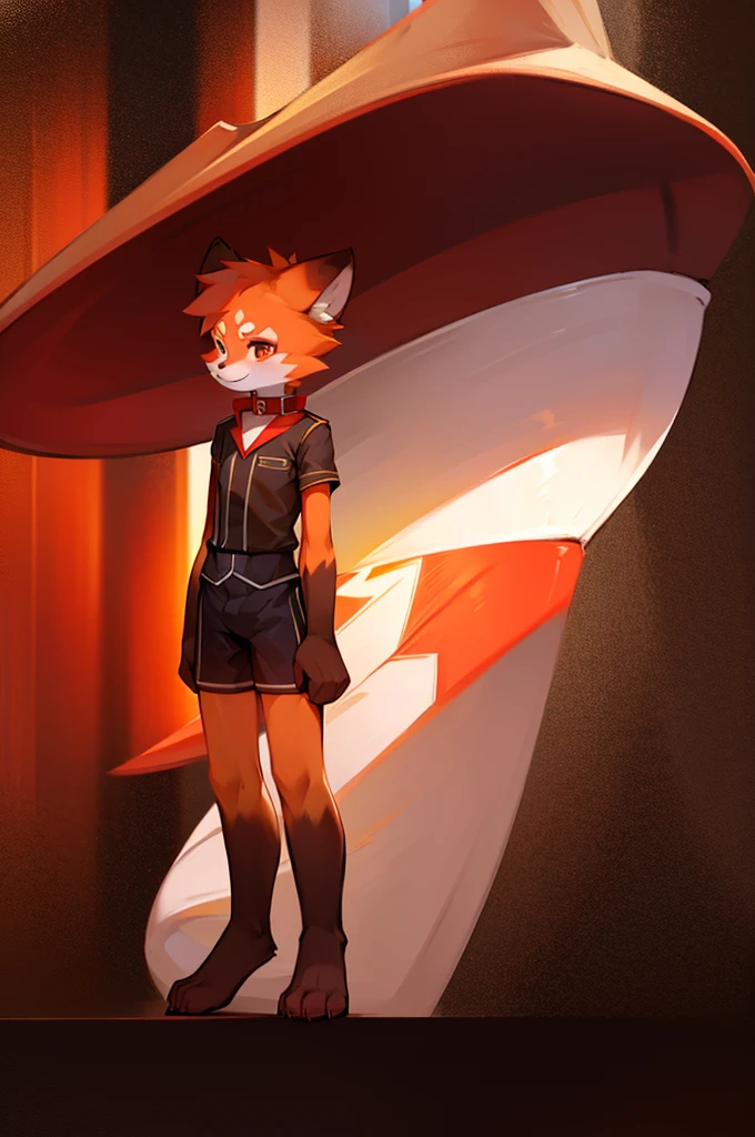 Red Panda Boy,8k resolution,Furry,          Uniform attire,Red collar,Two legs,Stand on your feet！                   towering,lanky,lanky,：slim body,：tall