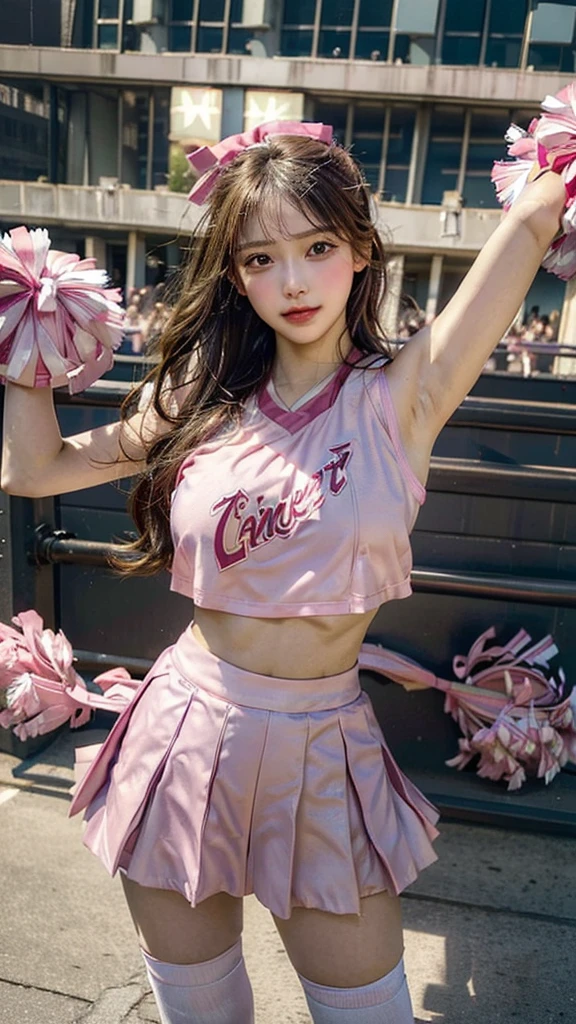 best quality, masterpiece, 1girl, (cheerleader, pink uniform, cheering:1.3), upper body, (gigantic breasts:1.2), Sweet