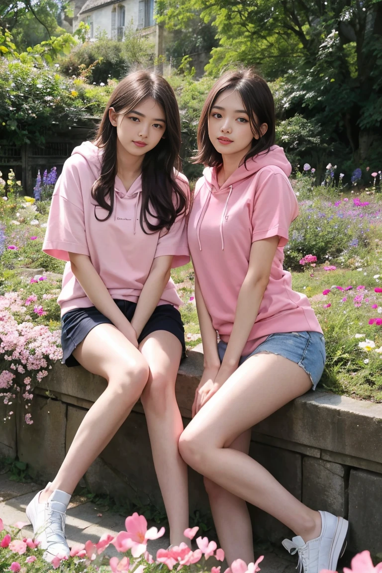 deux femmes ensemble de 18 ans sexy et mince , pink short sleeve hoodie , dans un jardin de fleur, se touche,position sey,sensuel