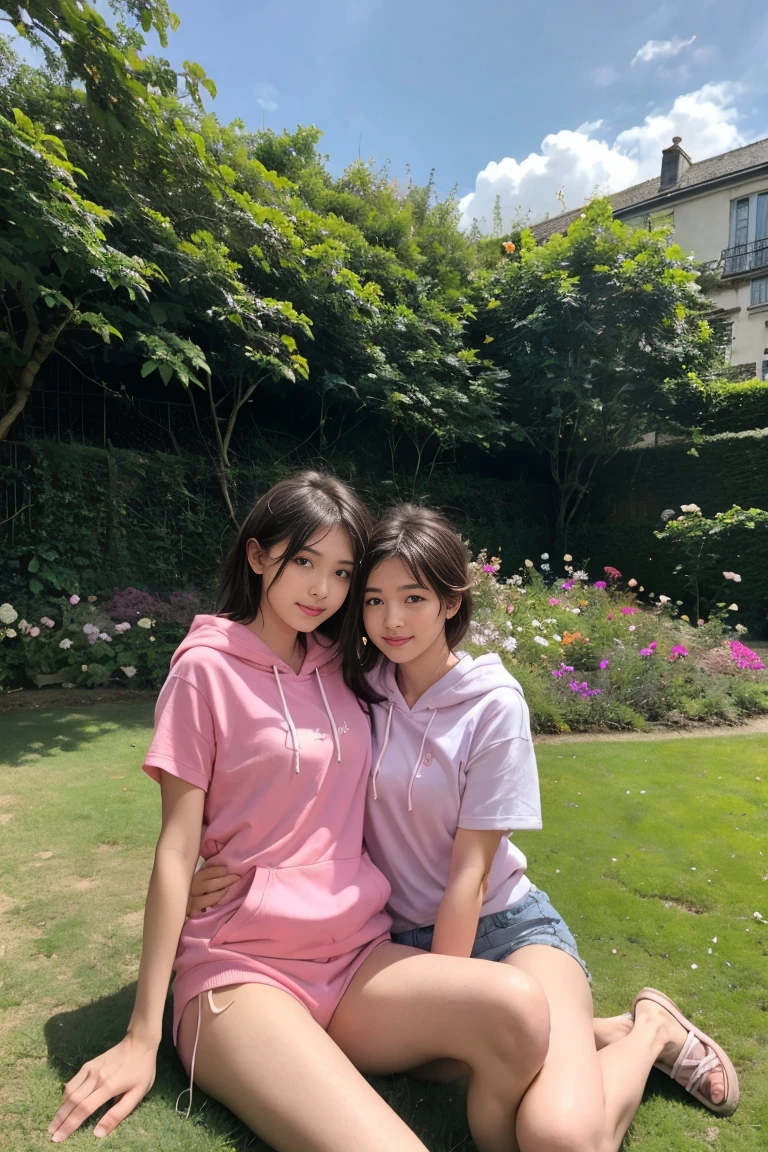 deux femmes ensemble de 18 ans sexy et mince , pink short sleeve hoodie , dans un jardin de fleur, se touche,position sey,sensuel