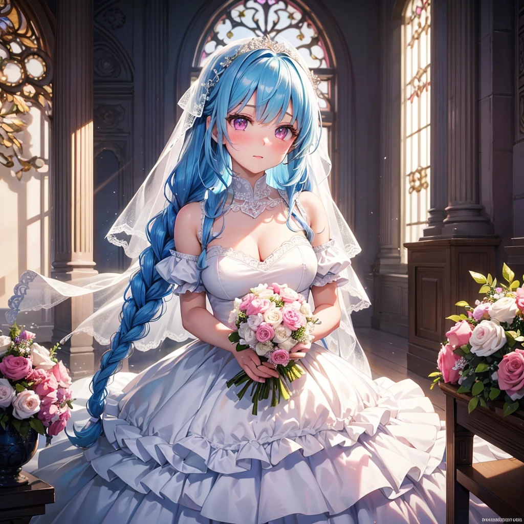 Sky Blue Medium Hair, (Braided Hair),(Pink Eyes),Fair skin ,(whole body),(1 girl),bride,blush,Straight bangs, 6月のbride,Wedding dress,(masterpiece, Highest quality, Very detailed, Best Shadow), (Detailed Background), (Beautifully detailed face), High Contrast, (Best lighting, Very delicate and beautiful), ((Cinematic Light)), colorful, Hyper Detail, Dramatic Light, Intricate details,Wedding hall,