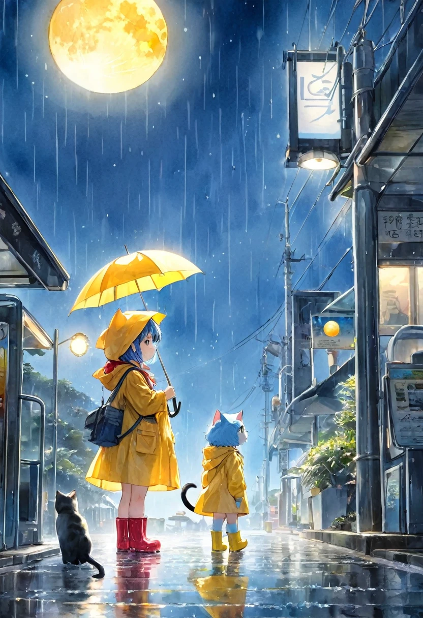 giant cat science fiction,Watercolor painting style,Makoto Shinkai painting style。The background is a clear blue night sky and a bright yellow moon. girl wearing red raincoat and rain boots.and a giant cat(The cat is 10 times the size of the little.The bus stop on the seaside is in the background.(((masterpiece))), (((best quality))), ((Super detailed)), (Highly detailed CG illustrations), ((extremely delicate and beautiful)), Cinematic light, (Character focus), Ridiculous, high contrast little girl:10, Extremely detailed, rich and colorful, most detailed, (light blue hair), Add details,