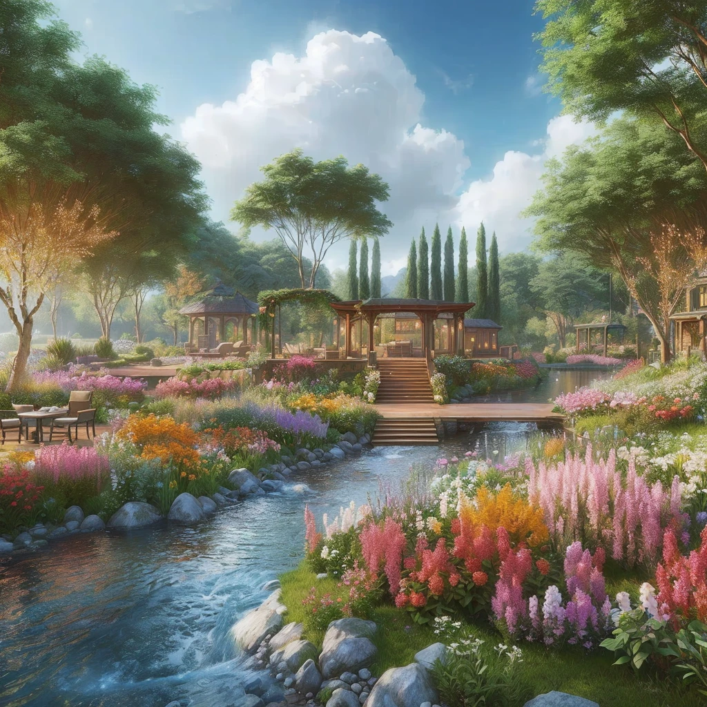 a painting of a garden with a river and a gazebo, beautiful render of a landscape, realistic garden, beautiful rendering, realistic fantasy render, very high detailed, realistic scene, beautiful environment, highly detailed scene, enscape render, peaceful environment, incredibly beautiful, inspired by Evgeny Lushpin, highly detailed environment, beautiful artist rendering, cottagecore flower garden