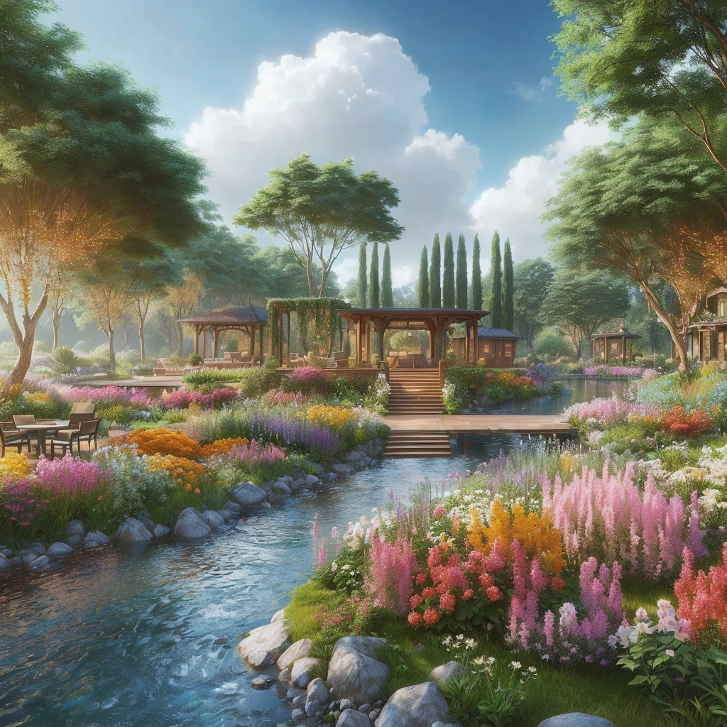 a painting of a garden with a river and a gazebo, beautiful render of a landscape, realistic garden, beautiful rendering, realistic fantasy render, very high detailed, realistic scene, beautiful environment, highly detailed scene, enscape render, peaceful environment, incredibly beautiful, inspired by Evgeny Lushpin, highly detailed environment, beautiful artist rendering, cottagecore flower garden