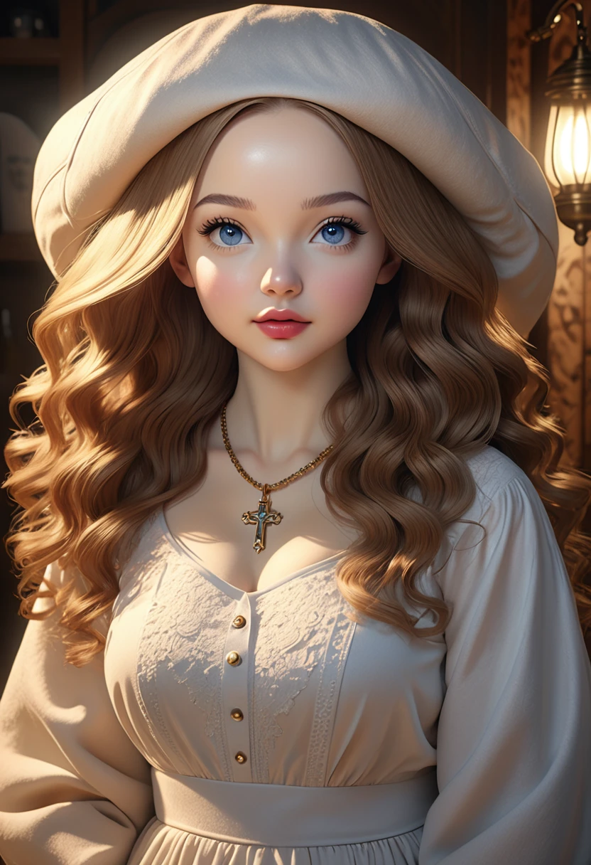 a colored pencil sketch of A beautful jewish women with a thick bushy unibrow and a large bulbous nose. Thick, intense, curly, frizzy, long brown hair. Hair that clogs a drain after one shower. Hair you find on pillows and in corners of the room and in your refrigerator six months after the head from which it grew last visited. Hair that could not be straightened even if you had four hours and three hairdressers double-fisting blow driers. Hair that screams: Jew. Traditional jewish dress, luxurious long dress、hat. curvy hourglass figure. Ultra HD, the symmetrical face, photorealistic photography, path tracing, specular lighting, and volumetric face light enhance the details. Dove Cameron, Epc lighting, striking silhouette. crucifix necklace. The symmetrical face, photorealistic photography, path tracing, specular lighting, and volumetric face light enhance the details. The scene is captured in maximum quality, masterpiece, 8K high resolution, and top quality