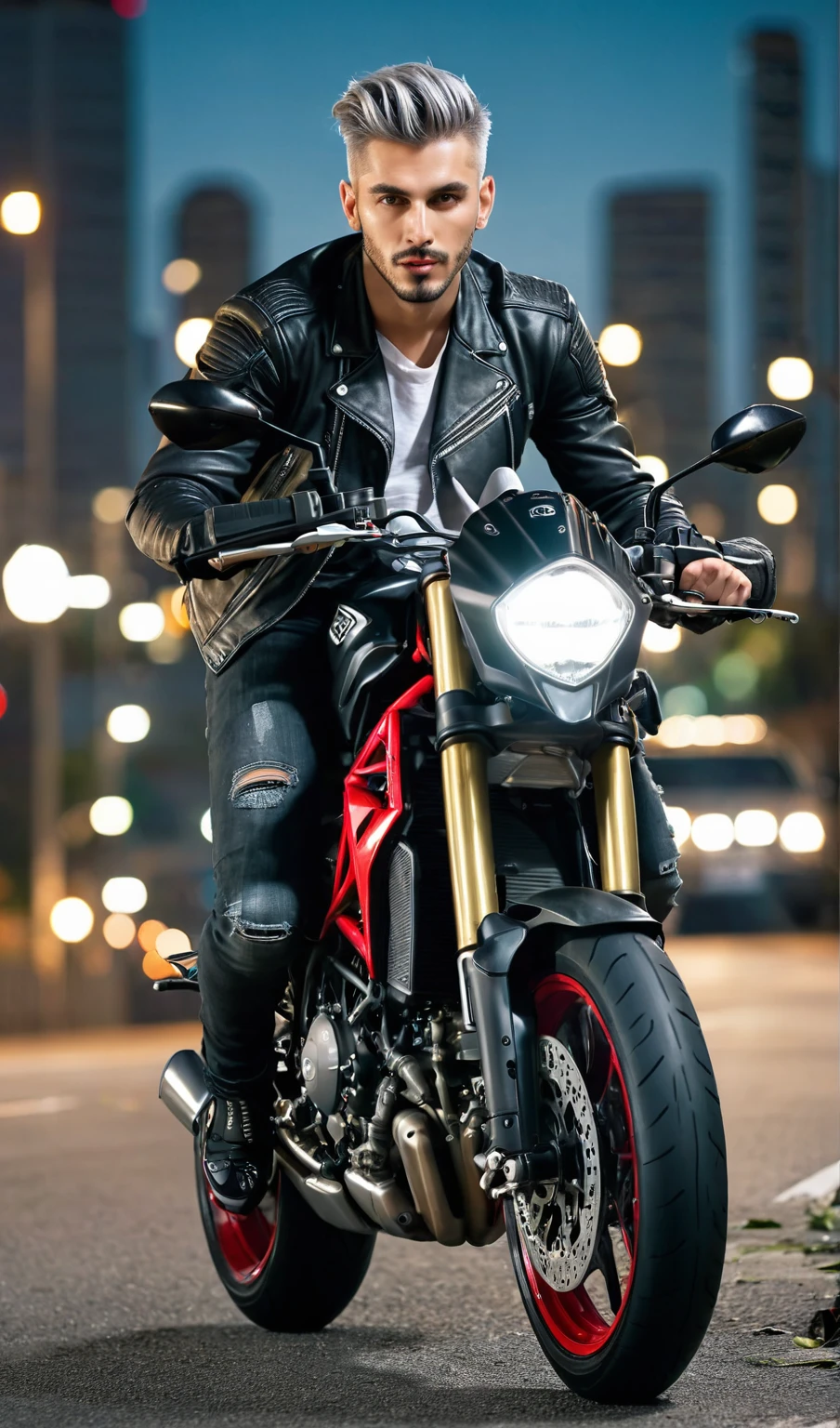 Take a hyper realistic photo of a handsome 32 year old young man with undercut gray hair, wearing a black leather jacket, ripped tight black jeans, red Jordan shoes, riding a matt black Ducati sports motorbike facing the audience, as if he were going fast, the young man looks very professional riding a motorbike, feet resting on the motorbike steps facing the camera, the blur effect around indicates the motorbike is going fast, the camera is taken quickly, the background of the deserted highway at night has a cyberpunk feel, you can see the bright motorbike lights. frontal, frontal tiny planet photography technique.