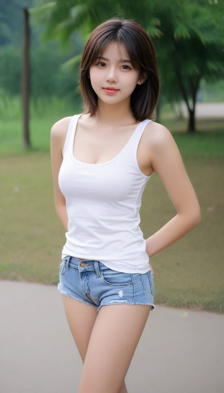 Beautiful 18 years old girl, perfect body, medium breast, medium hair, white tanktop, white short, outdoor, candid pose