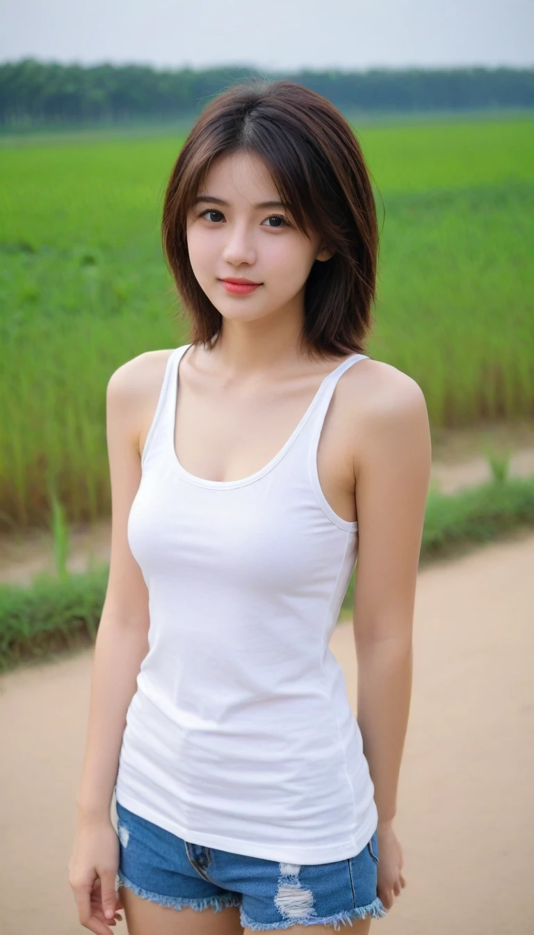 Beautiful 18 years old girl, perfect body, medium breast, medium hair, white tanktop, white short, outdoor, candid pose