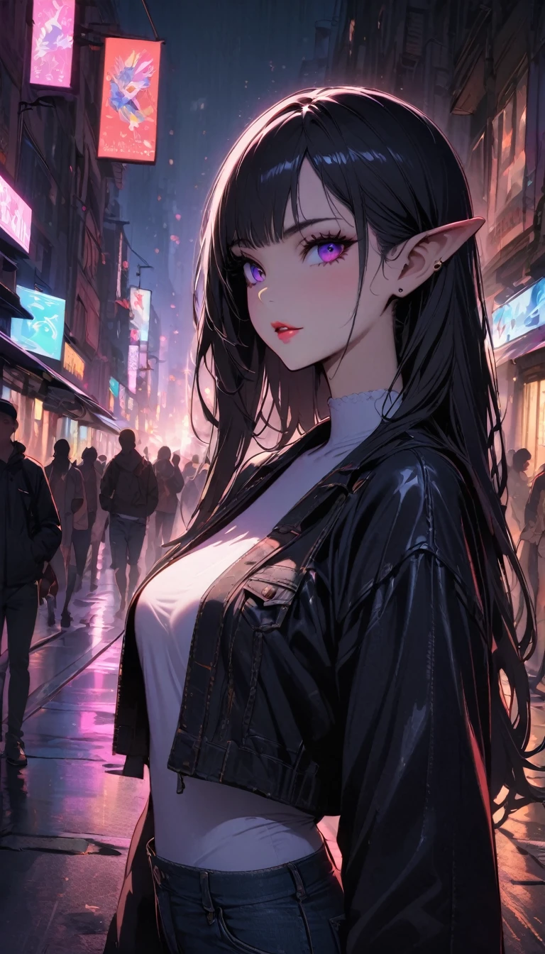 maximum quality, work of art, ultra high definition, (evening street), 1 girl, eyes black, looking at the audience, long hair, light-makeup, lips, Little Ears, white undershirt, shorts jeans, aretes, Scrawny, organized, hypdertailed