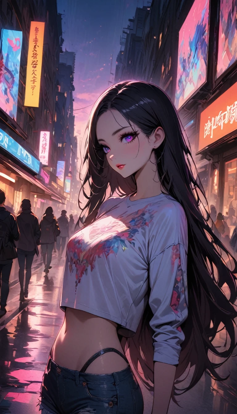 maximum quality, work of art, ultra high definition, (evening street), 1 girl, eyes black, looking at the audience, long hair, light-makeup, lips, Little Ears, white undershirt, shorts jeans, aretes, Scrawny, organized, hypdertailed